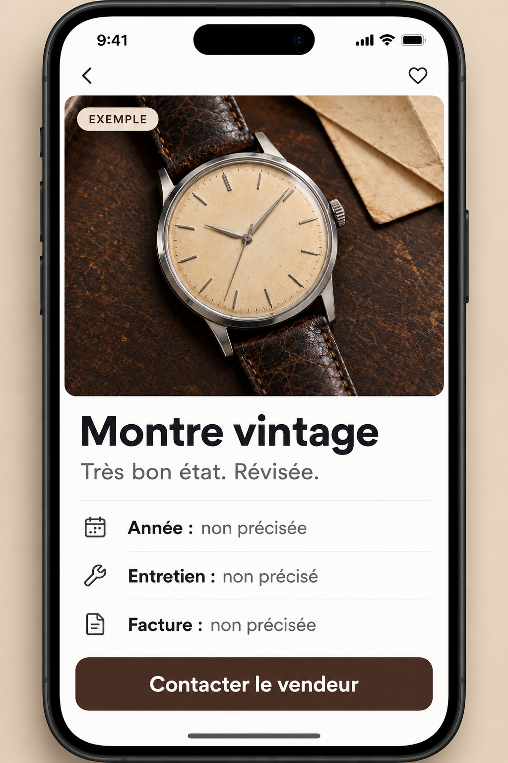 Annonce pédagogique sur iPhone : montre vintage, année, entretien et facture non précisés