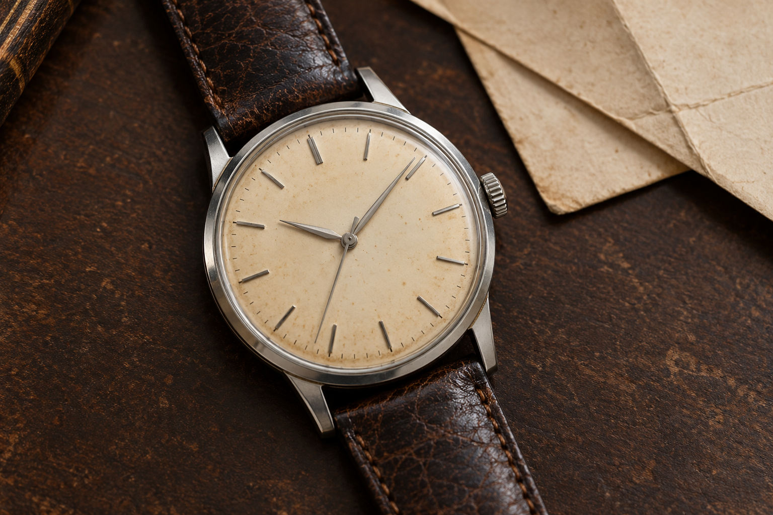 Illustration réaliste d’une montre vintage avec cadran crème et boîtier acier